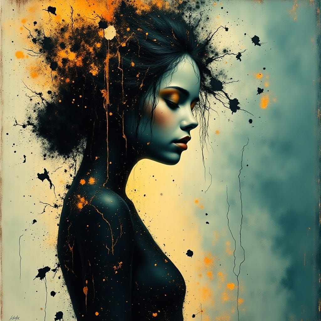 Woman Reaching for Floating Fragments in Dramatic Splash Art