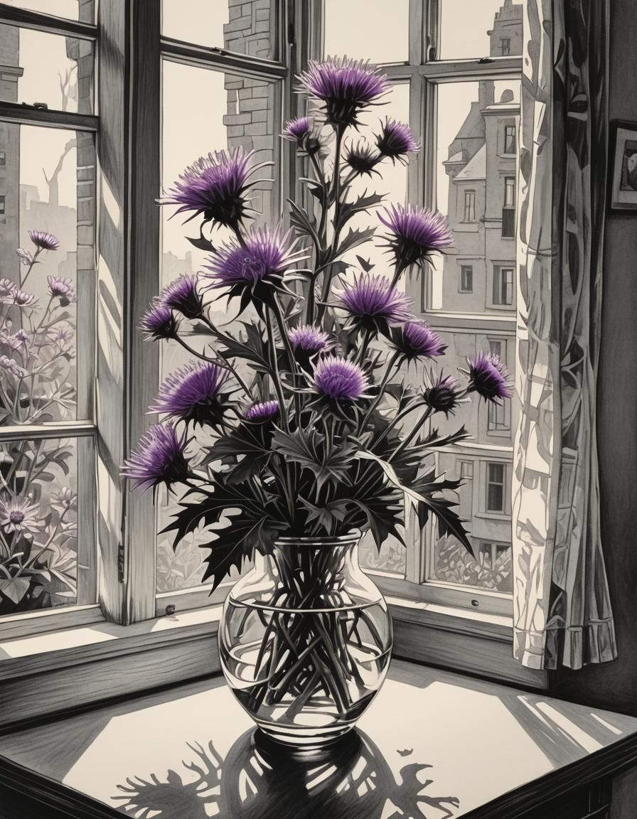 Escher-Inspired Thistle in Vase, Black and White Art