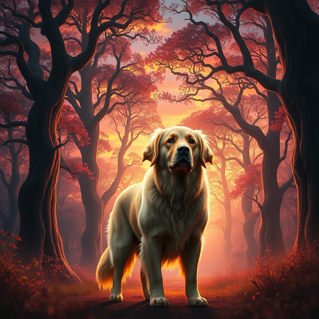 Golden Retriever in a Whimsical Forest at Sunset