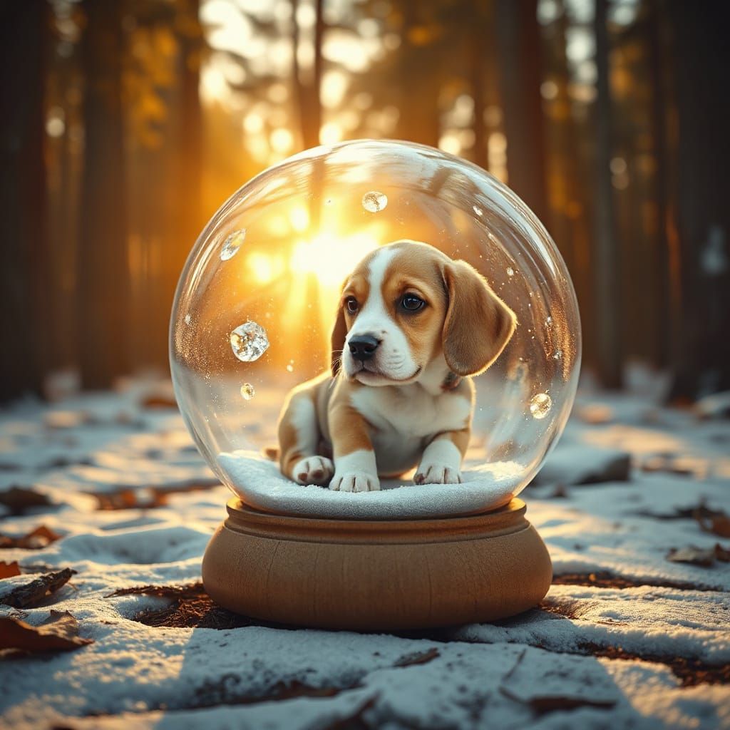Beagle Puppy in Kaleidoscopic Snow Globe, Americana Style