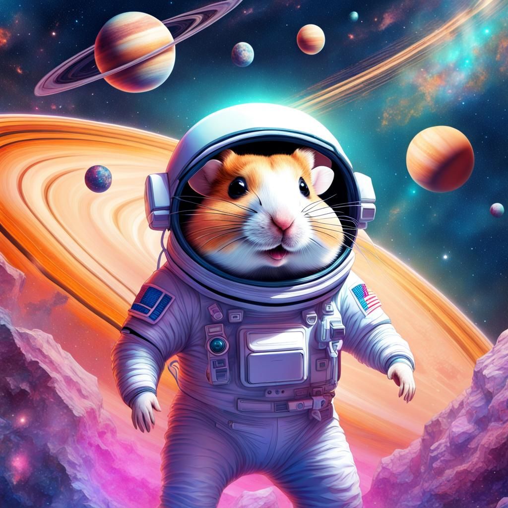 Hamster Astronaut's Elation on Saturn in Cosmic Art
