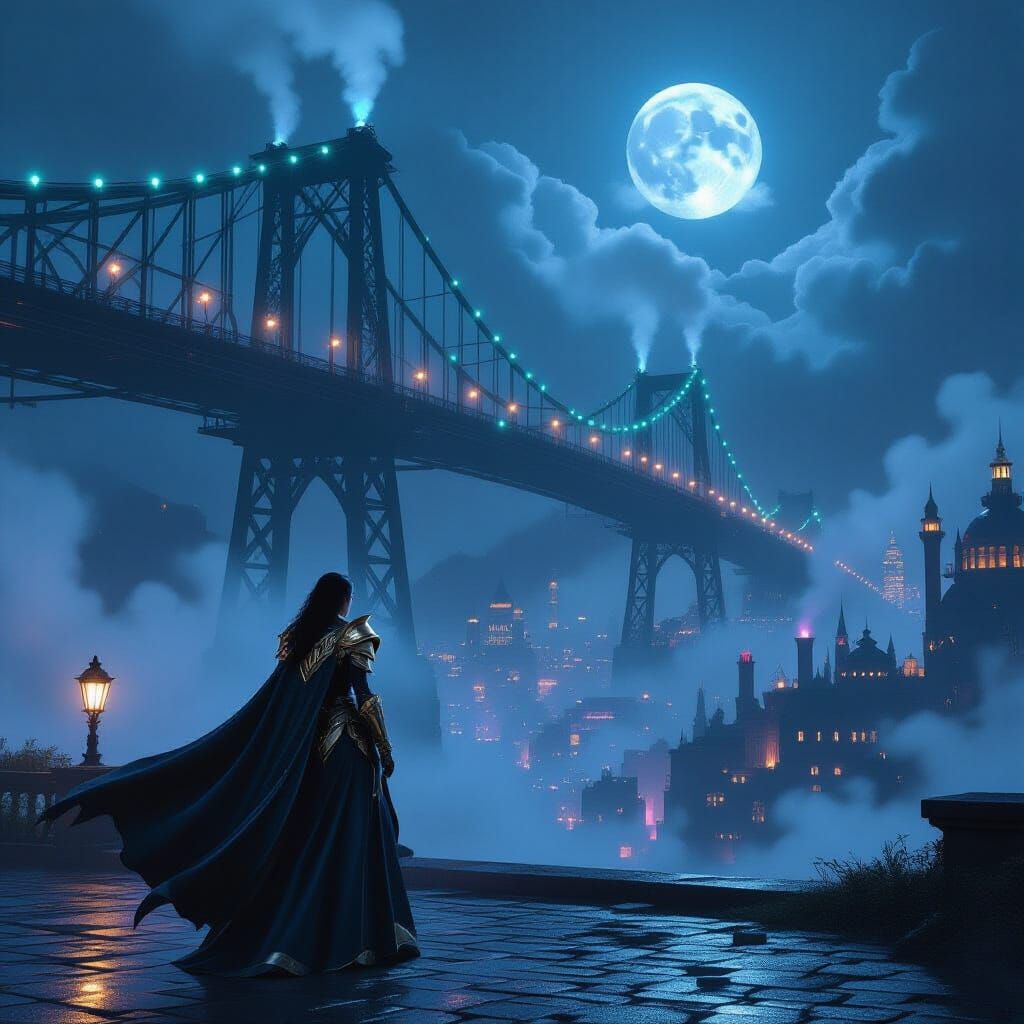 Cinematic Arcane Style Scene of Woman and Dog on Bridge