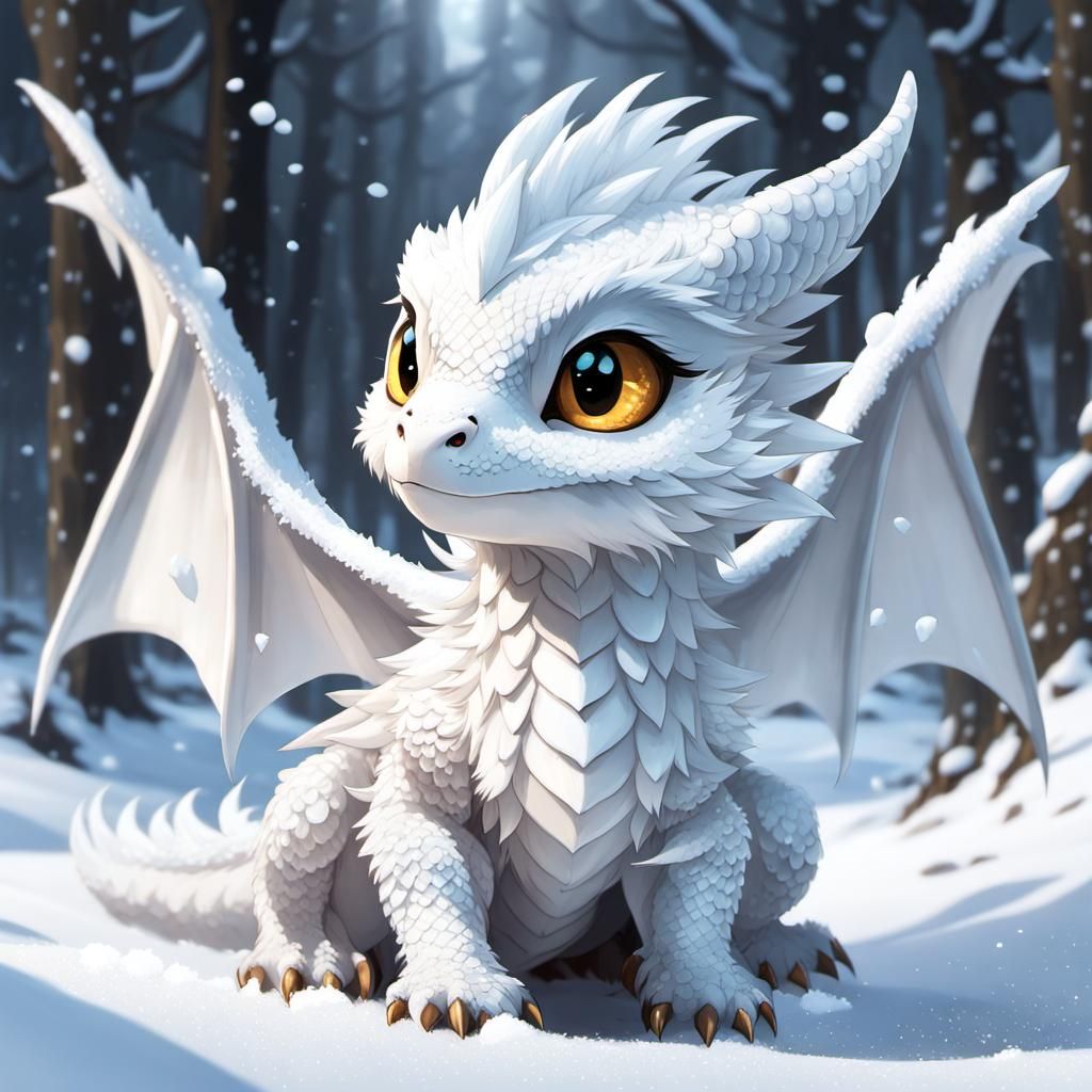 Chibi Dragon Detective in Snow, Detailed Digital Art