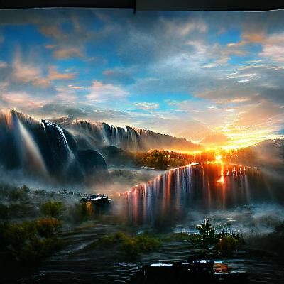 Epic Sunrise Over Waterfall Digital Painting