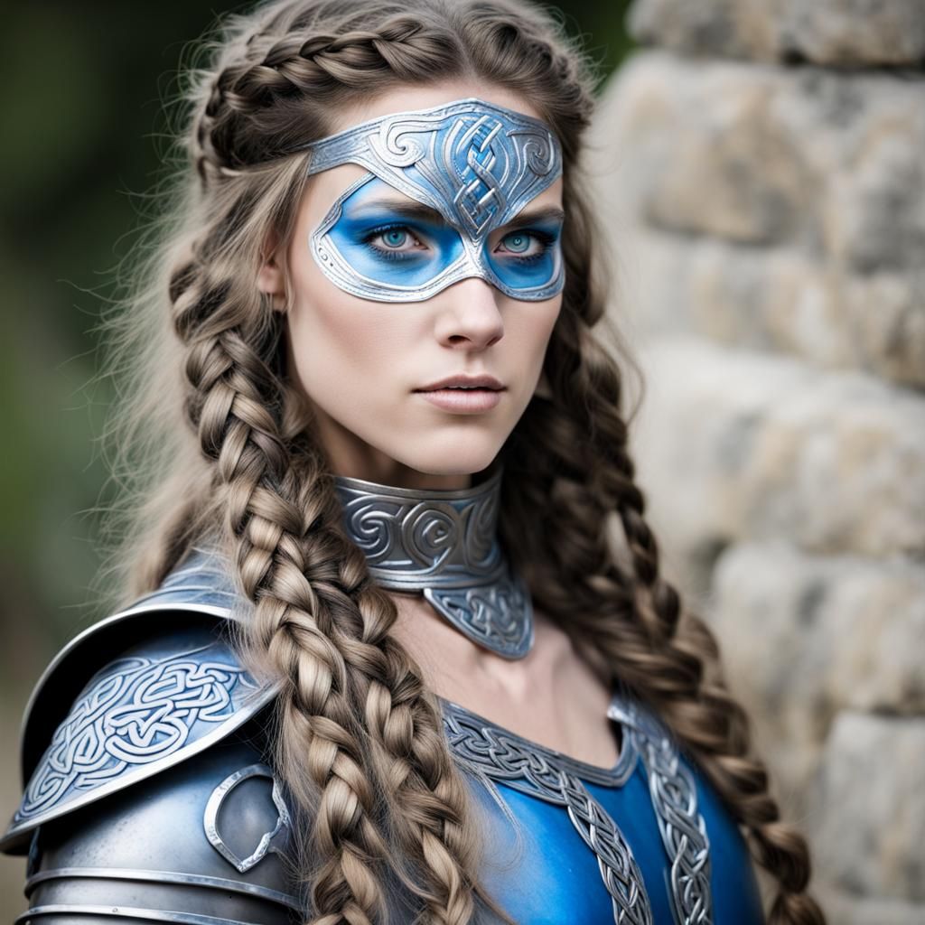 Celtic Woman Warrior in Silver and Blue Armor