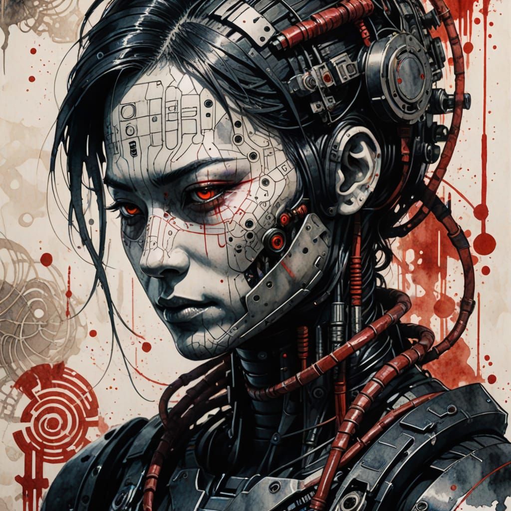 Cyborg Portrait in Monochrome Ink and Watercolor