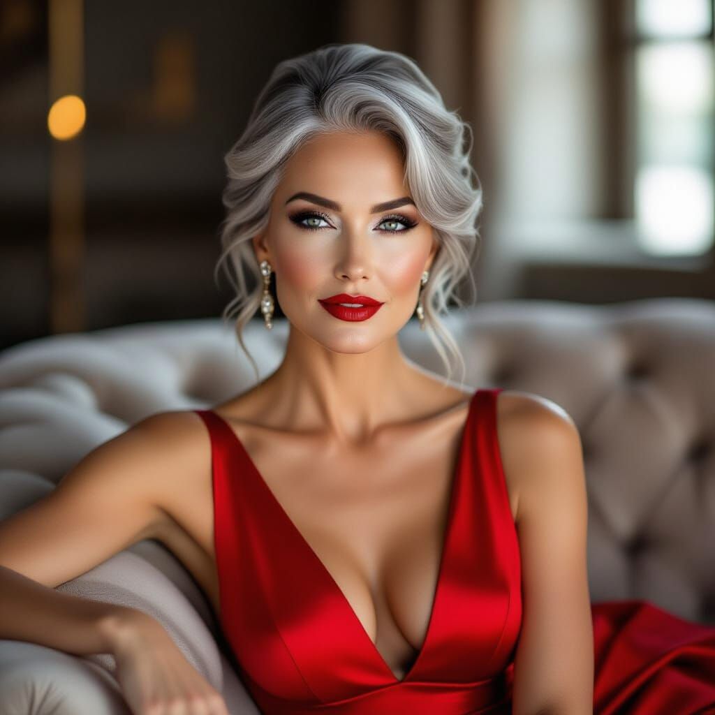 Glamorous Woman, 40s, Red Dress, Elegant Updo