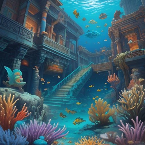 Vibrant realistic Mermaids Apocalyptic underwater ancient egyption scene with mermaids swimming through temple scene is ...
