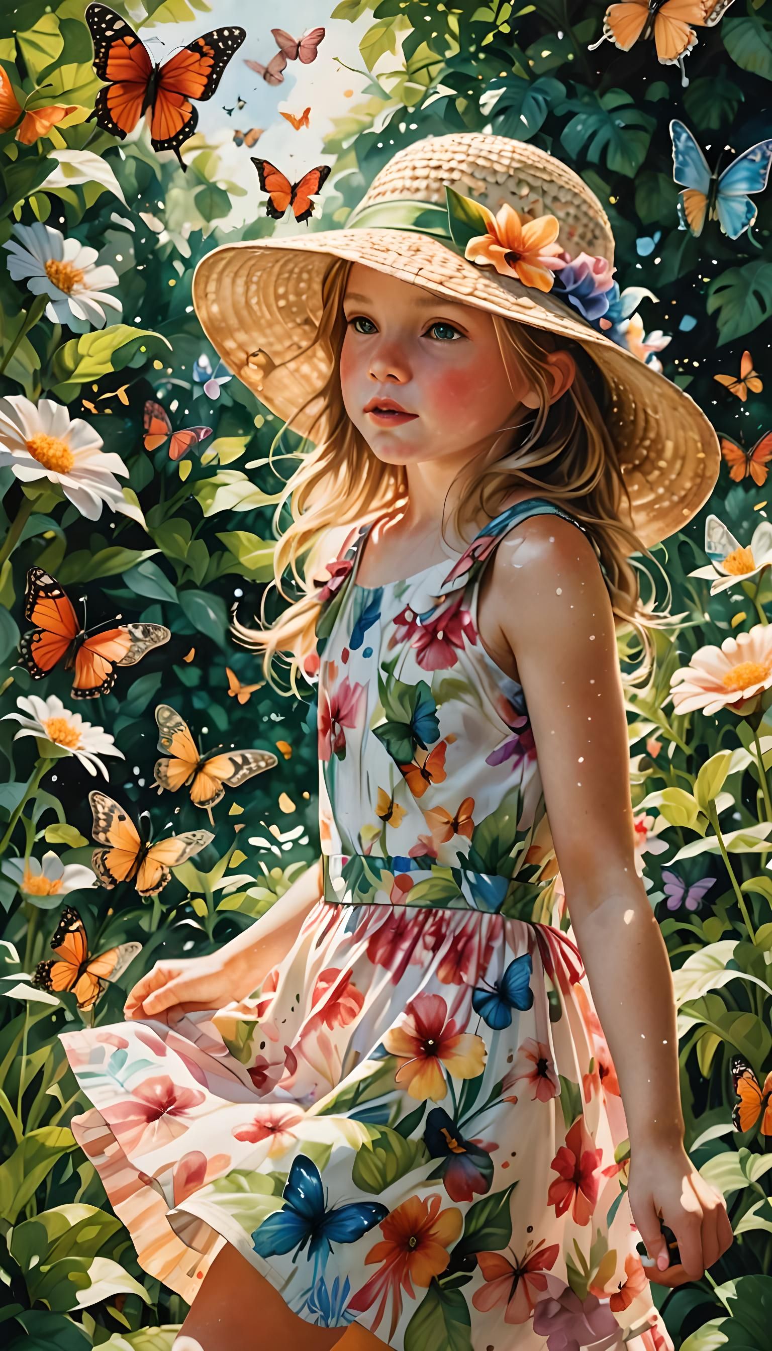 a young child tries to catch butterflies in a summer garden,...