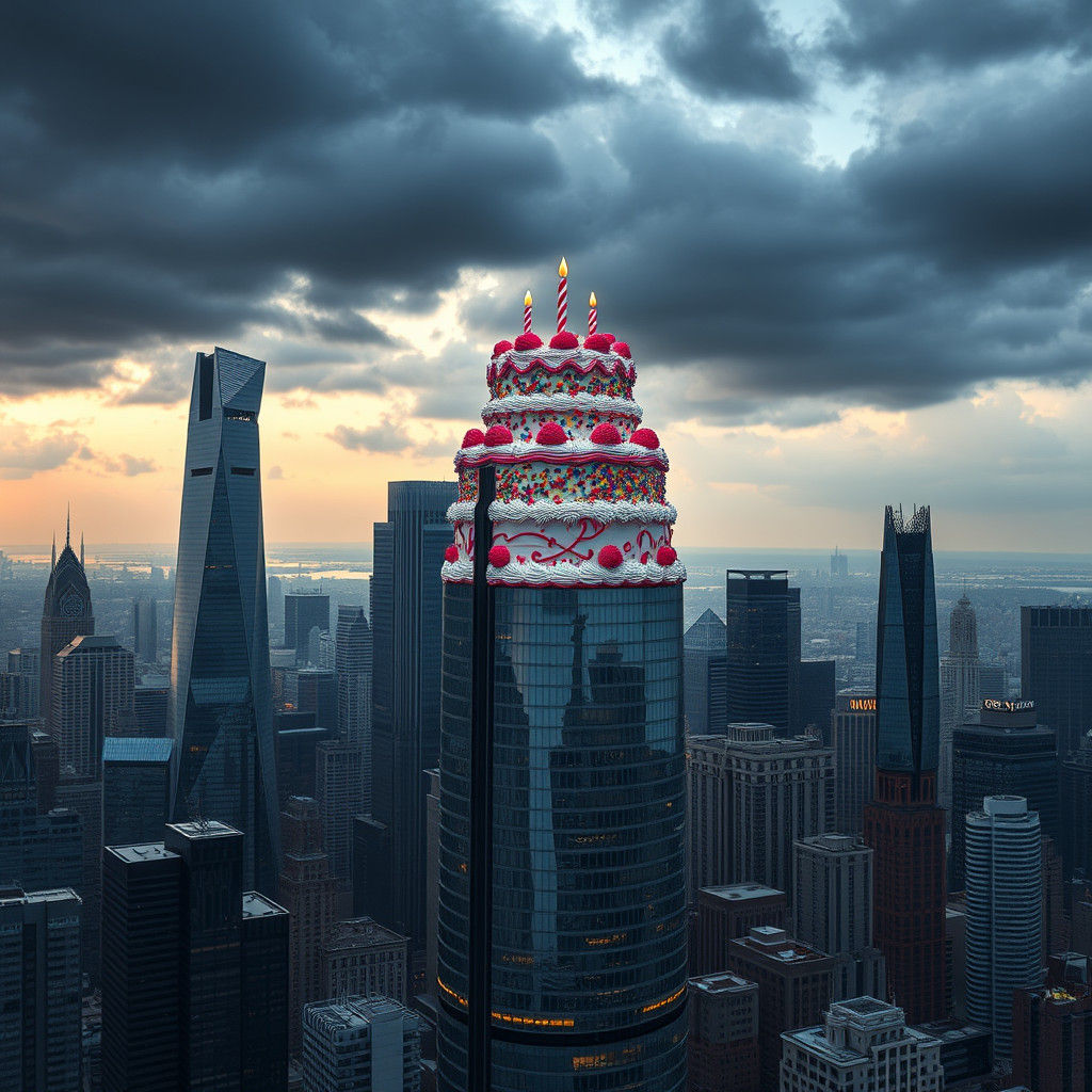 Cityscape with Cake Skyscraper in Futuristic Style