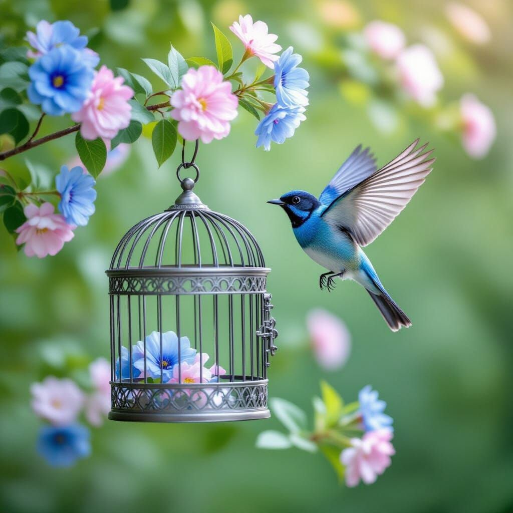 Indigo Bunting Flies Free From Ornate Birdcage