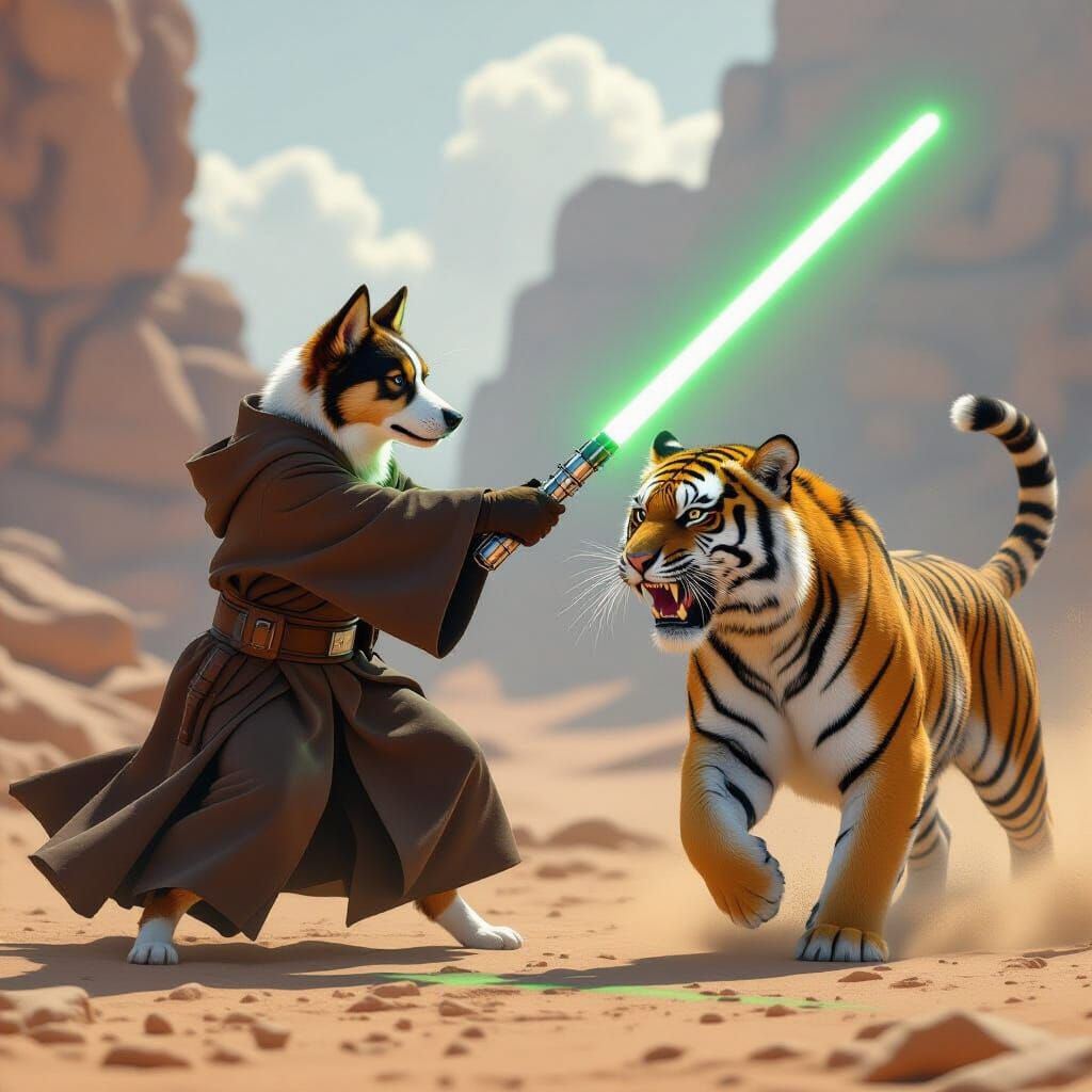 Jedi Dog Fights Tiger with Lightsaber in Realistic Style