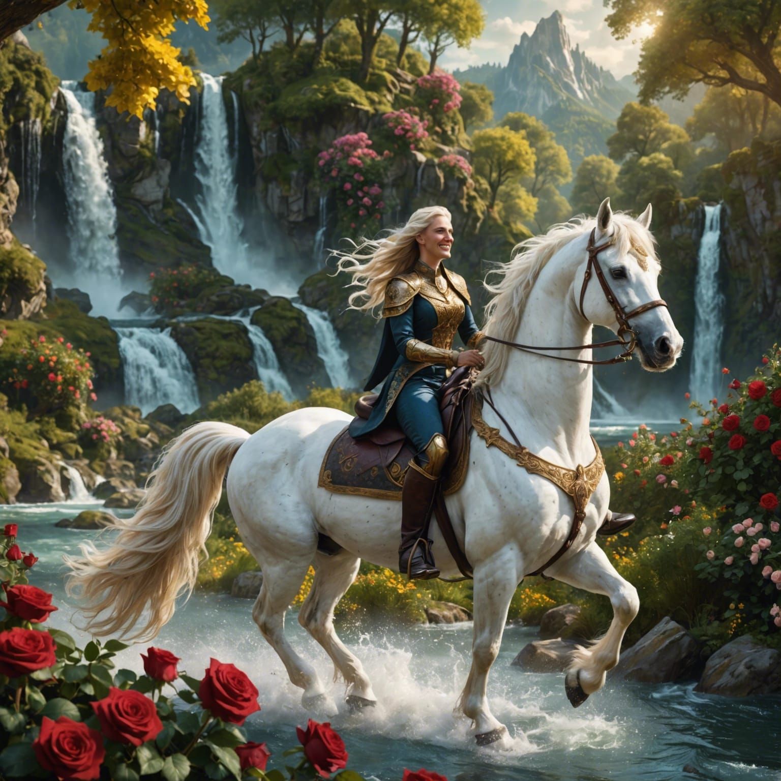 Fantasy Art: Couple on White Stallion in Forest