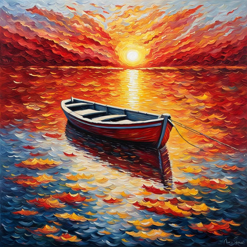 Sunrise Boat: Expressionist Oil Painting in Impasto Style