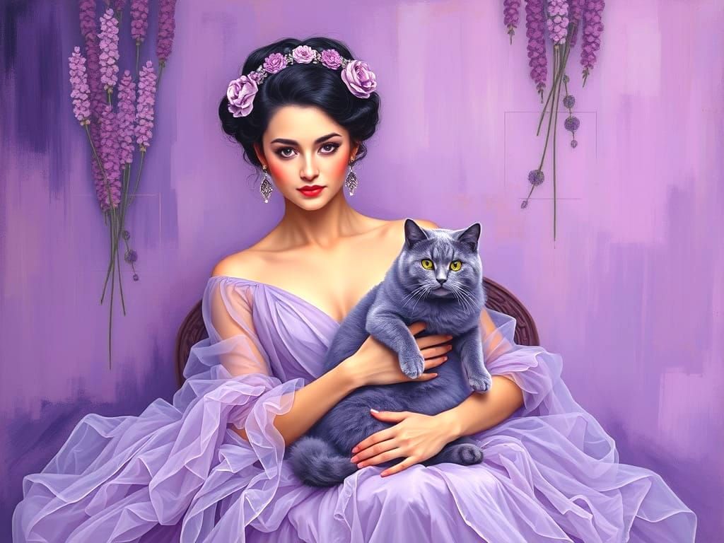 Woman and Cat in Purple Hues, Impasto Style