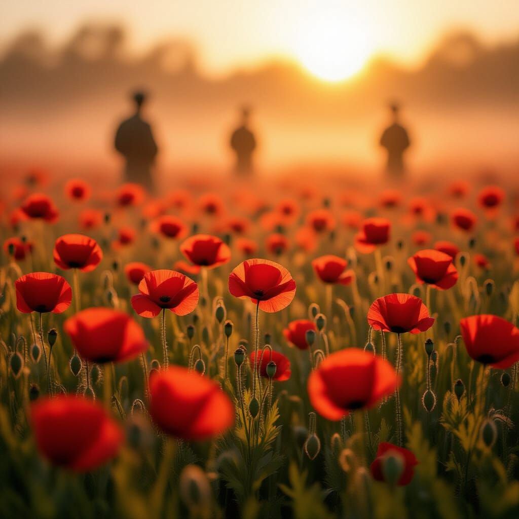 Red Poppy Field with Soldiers in Golden Hour Light