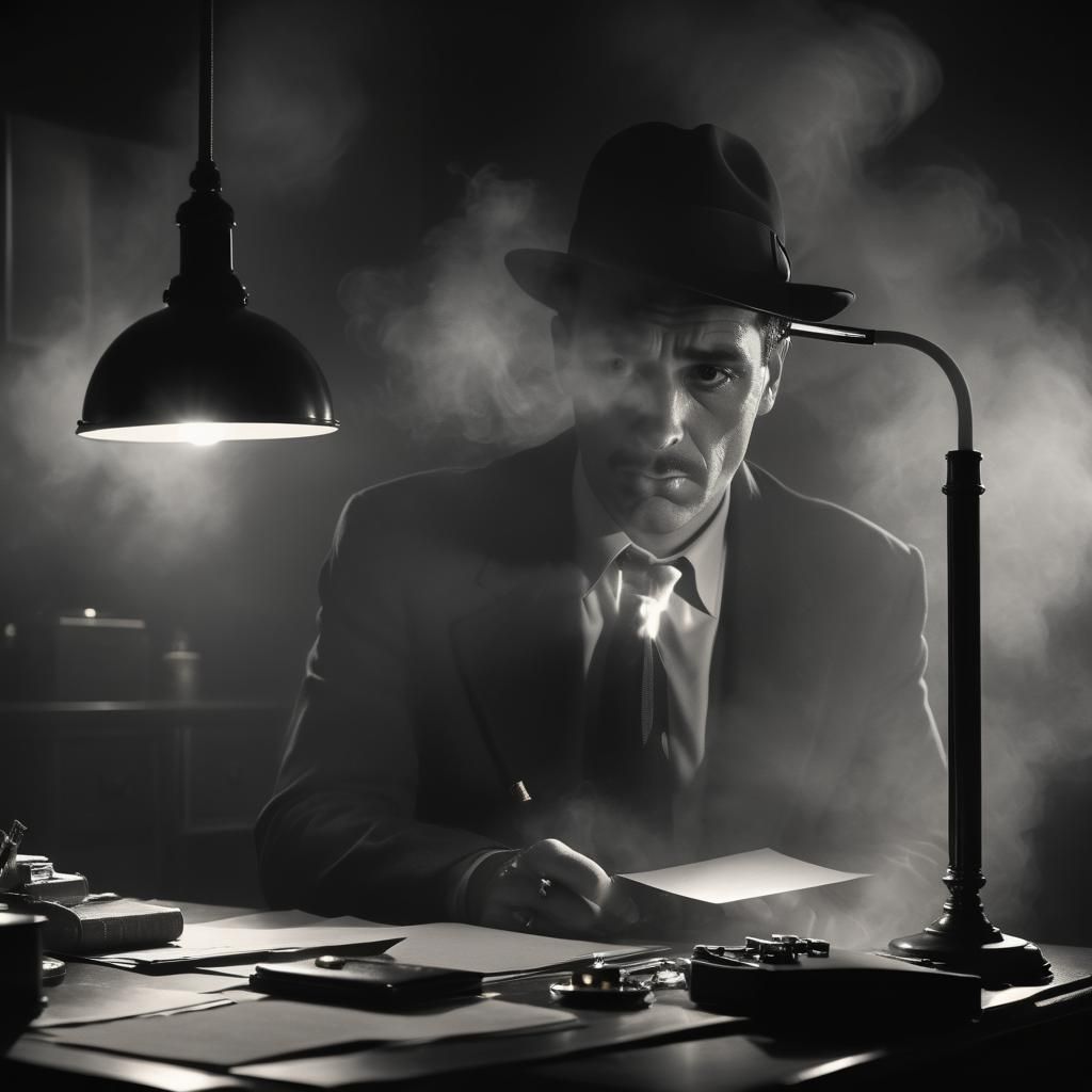 Noir Detective in Moody, High-Contrast Film Still