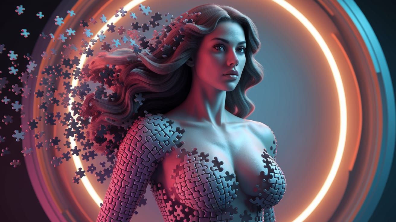 Ethereal Goddess Disintegrates into Vibrant Puzzle Pieces in...