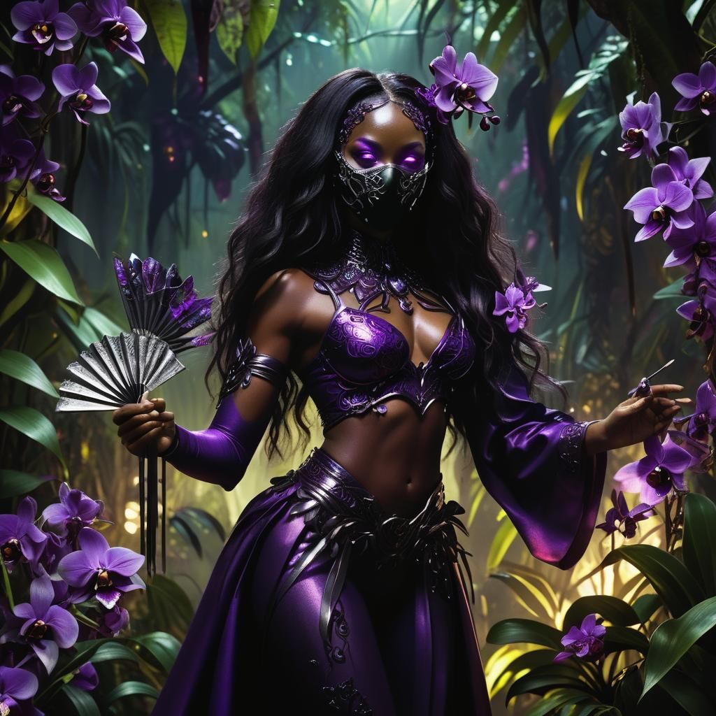 Futuristic Woman with Metal Fans in Jungle