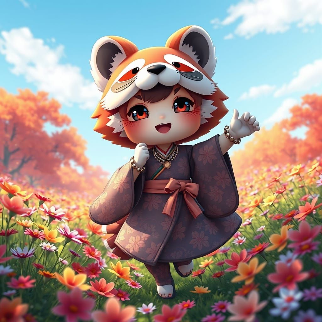Chibi Tanuki Girl Dances in Vibrant Autumn Wonderland
