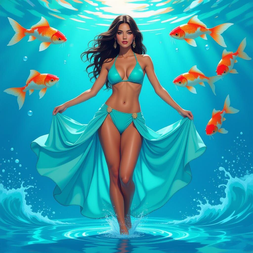 Psychedelic Waves: Dancing Woman in Turquoise Bikini