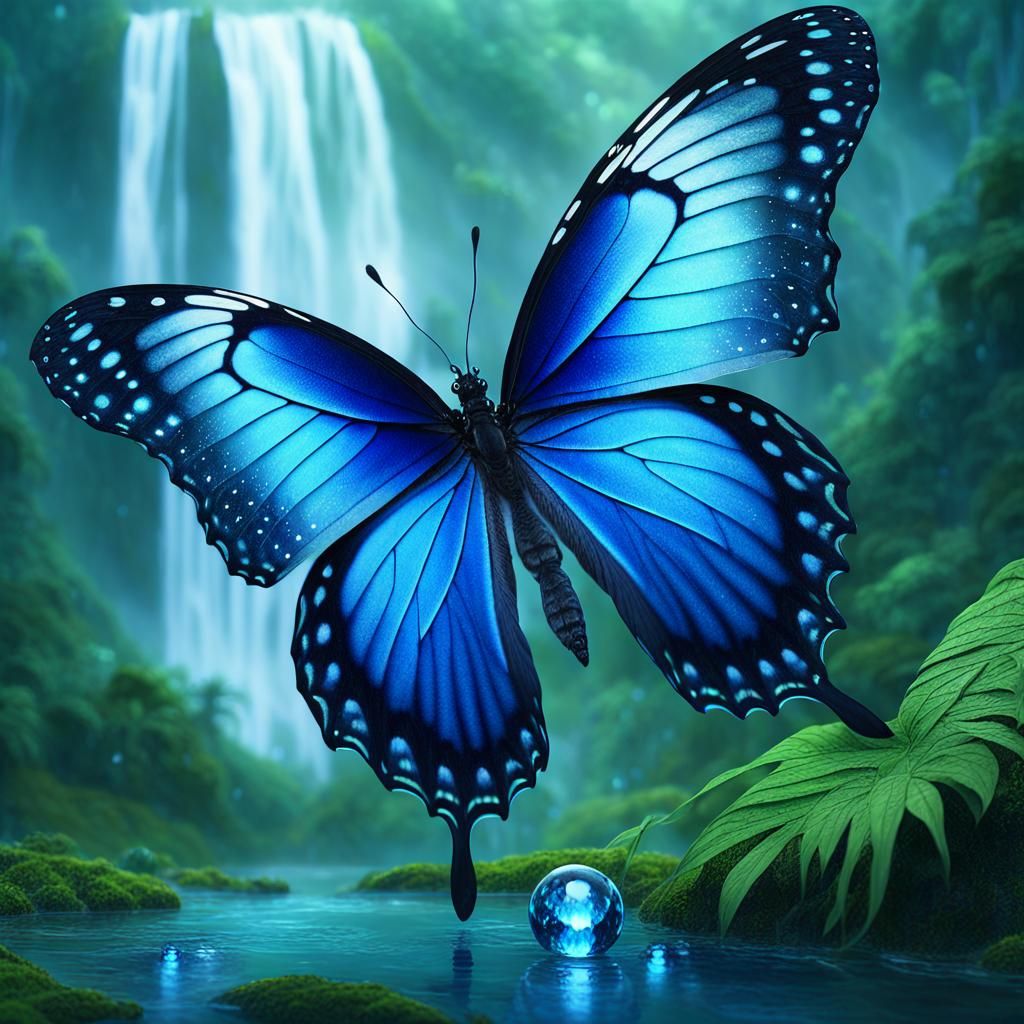 Blue Butterfly with Waterfall Wings in Fantasy Forest