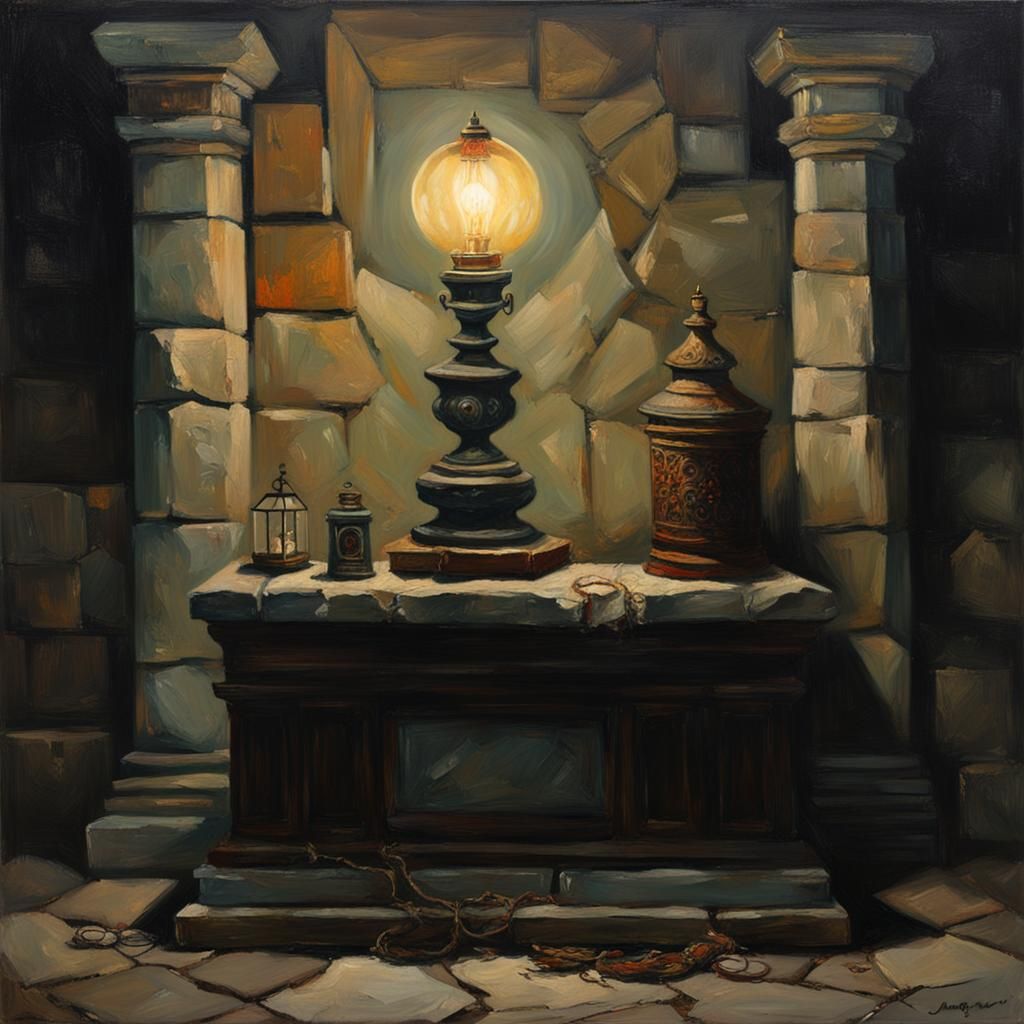 Creepy Lamp on Stone Altar in Oil Painting