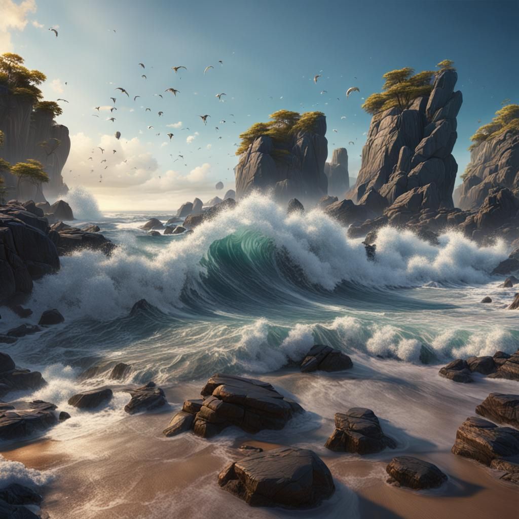 Waves Crashing on Rocky Shores: Digital Matte Painting