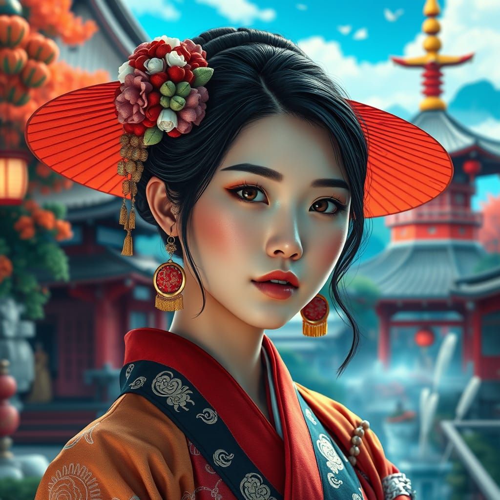 Ethereal Japanese Goddess in Vibrant Fantasy Landscape