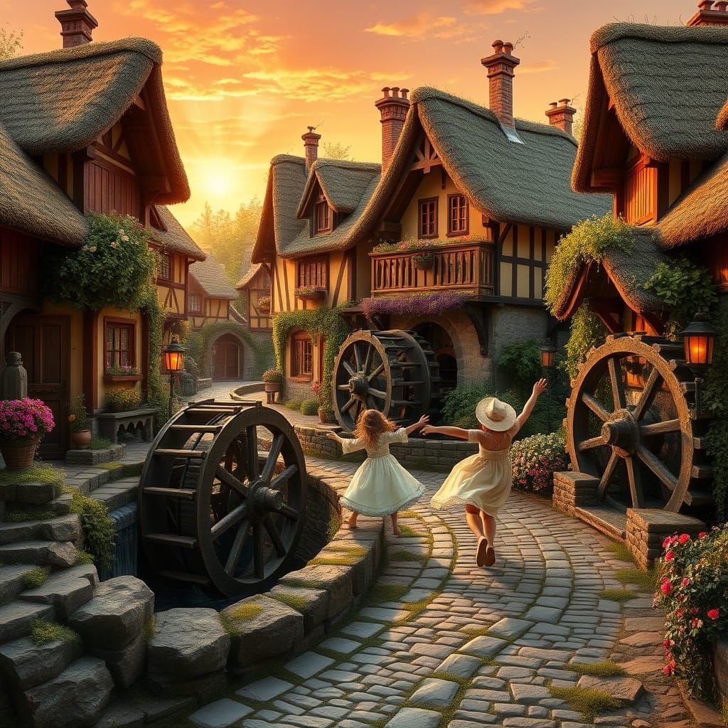 Charming Water Wheel Village in Storybook Style