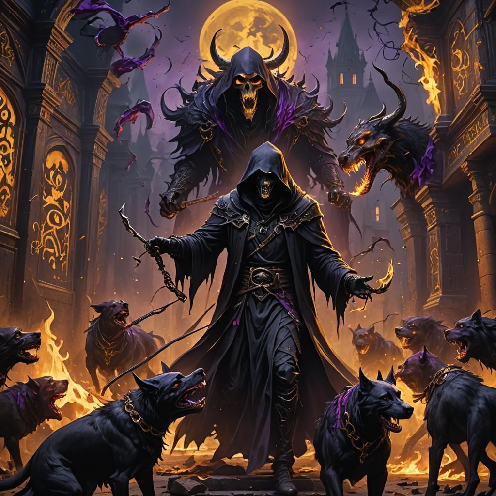 Grim Reaper Plays with Hellhounds in Baroque Style