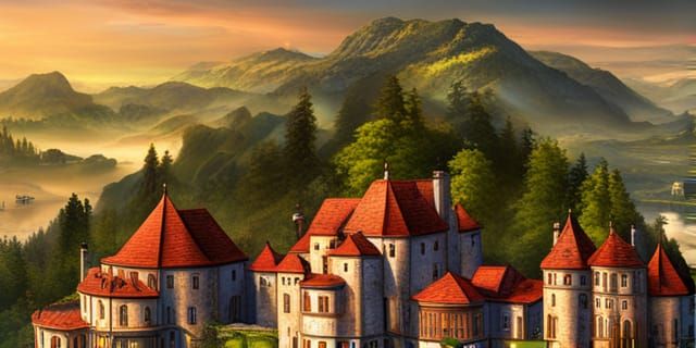 Mediterranean Steampunk Village with Vineyard Chateau