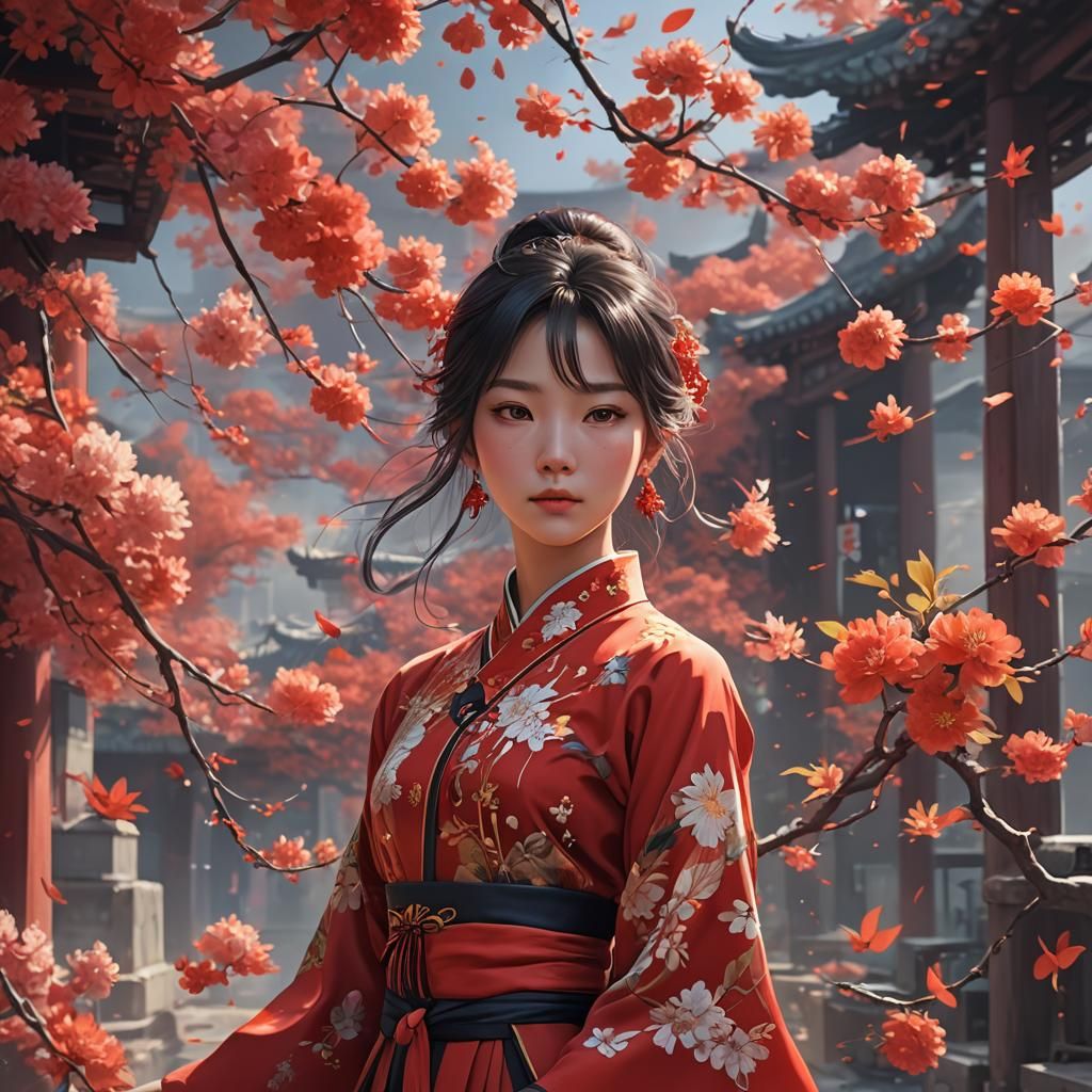 Chinese Woman in Red Blouse: Dreamy Anime Art
