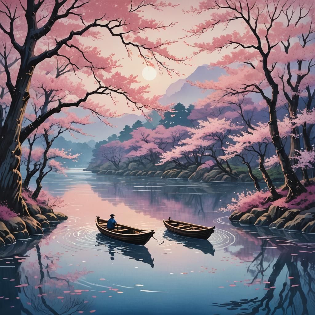 Japanese Woodblock Boat Amidst Cherry Blossoms