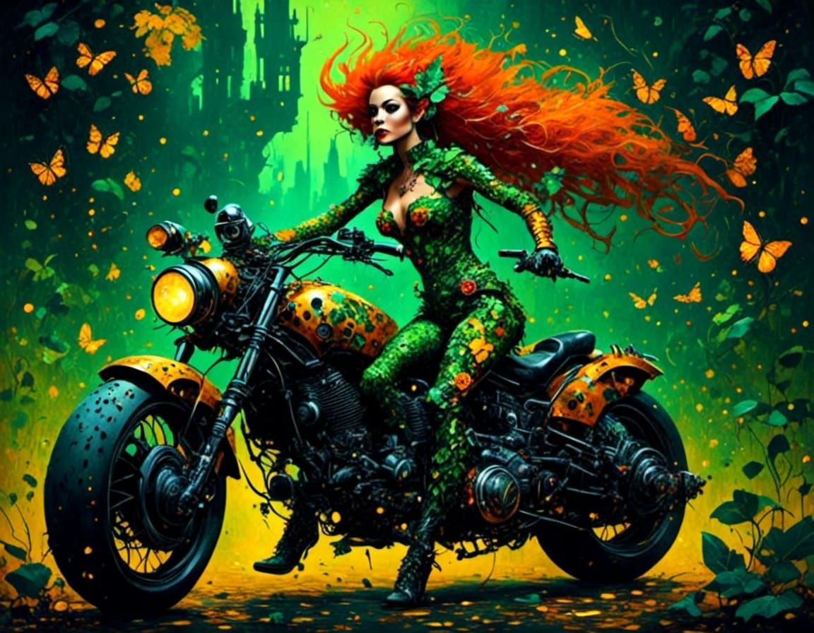 Poison Ivy on Motorcycle in Comic Style