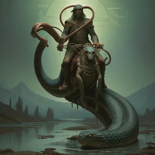 He's old & his skin is cold,
Ride the snake to the ancient lake. horror Gustave Doré/Greg Rutkowski /complementary color...