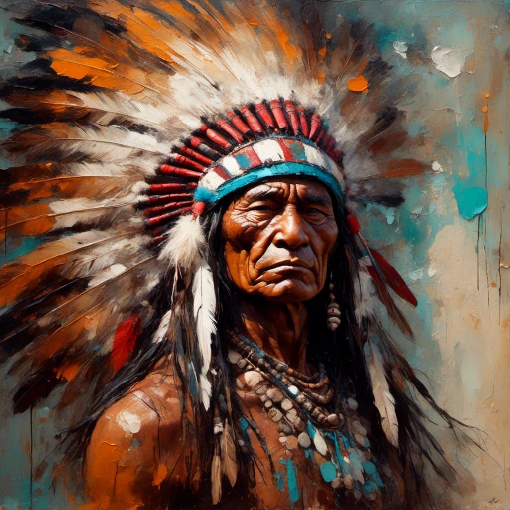 Epic Indigenous Chief Impasto Oil Portrait
