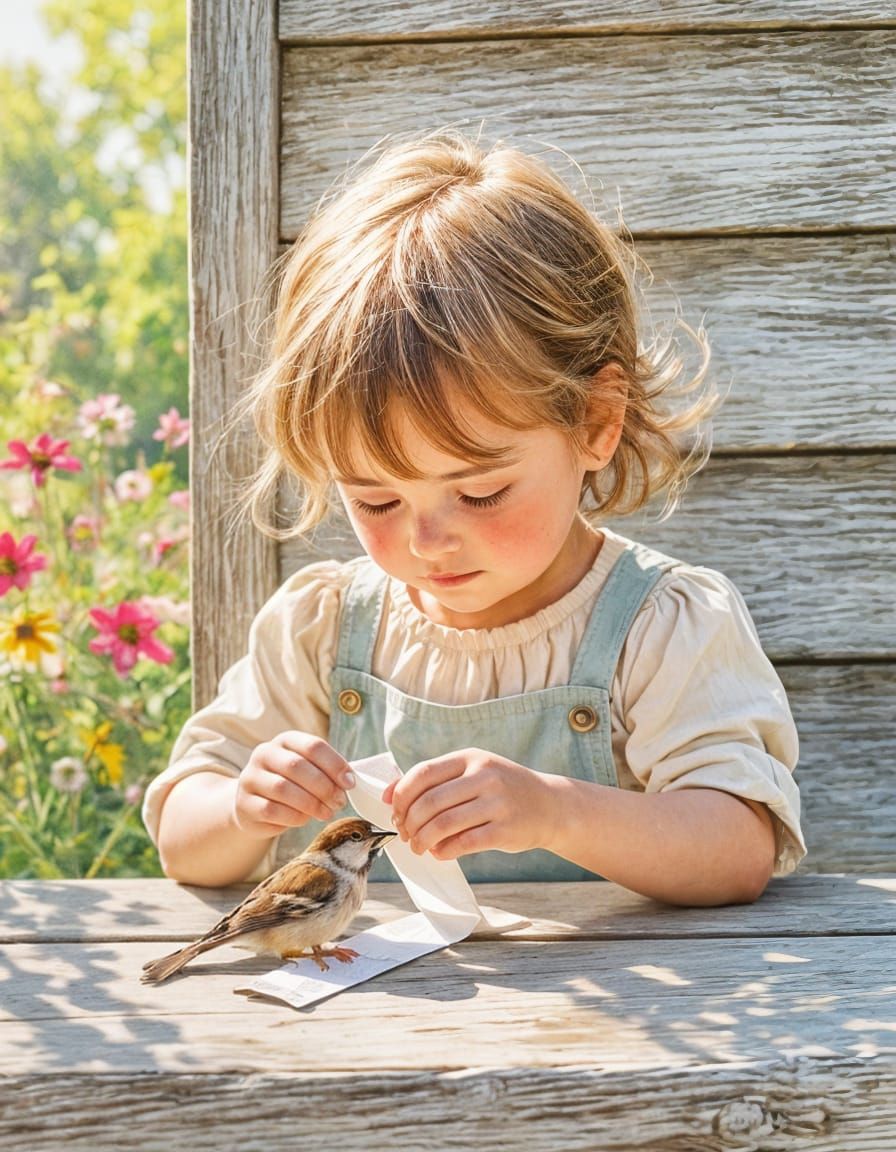 Child Tends Injured Sparrow on Porch in Watercolor Style