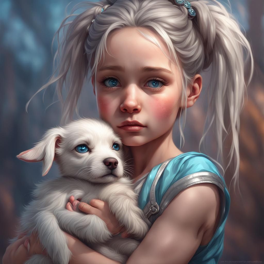 Crying Girl with Puppy: Detailed Art Portrait
