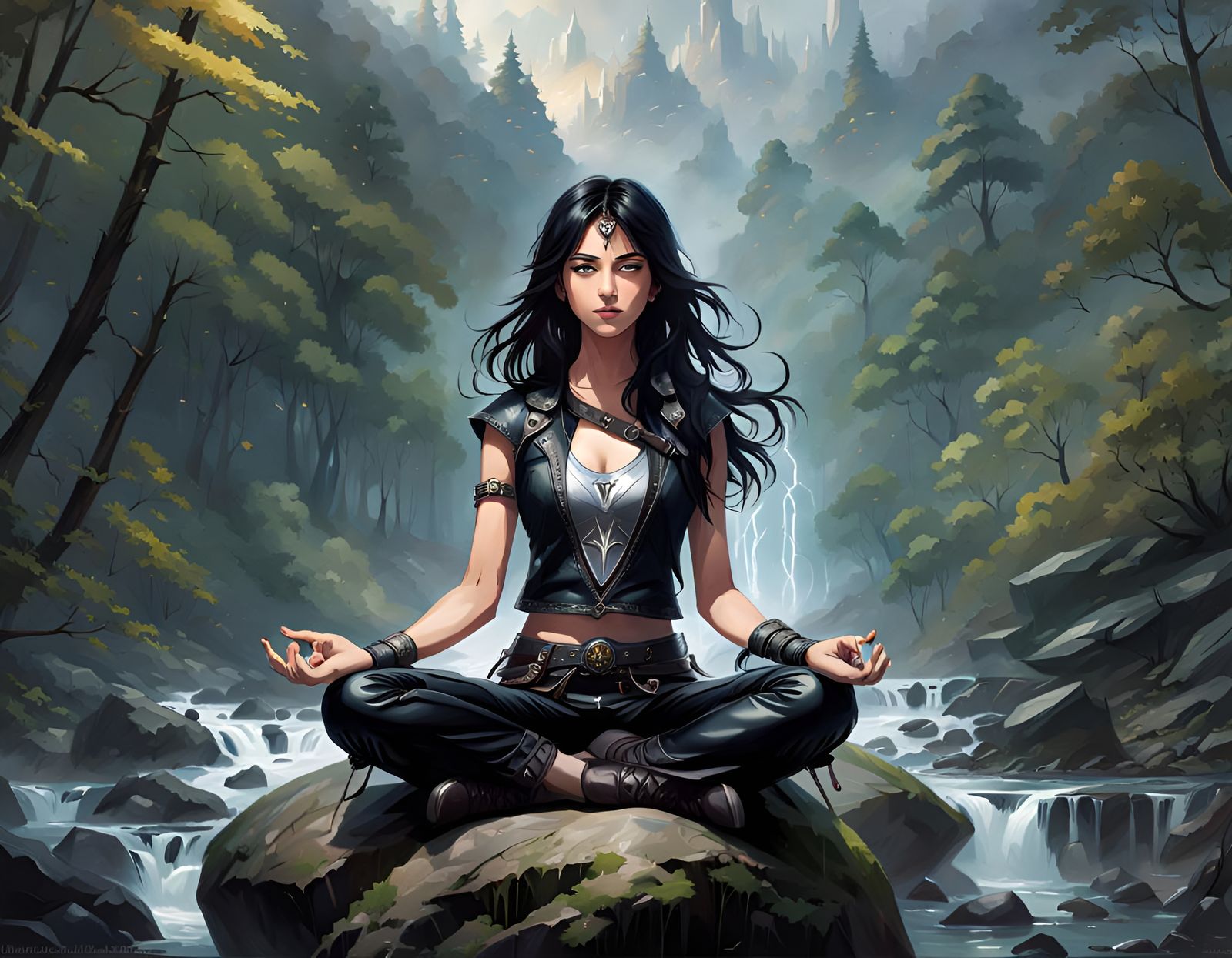 Meditating Girl in Misty Forest, Splash Art