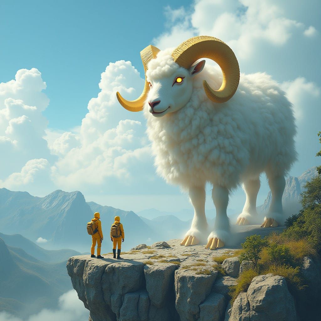 Divine Ram Emerges from the Clouds in Serene Landscape