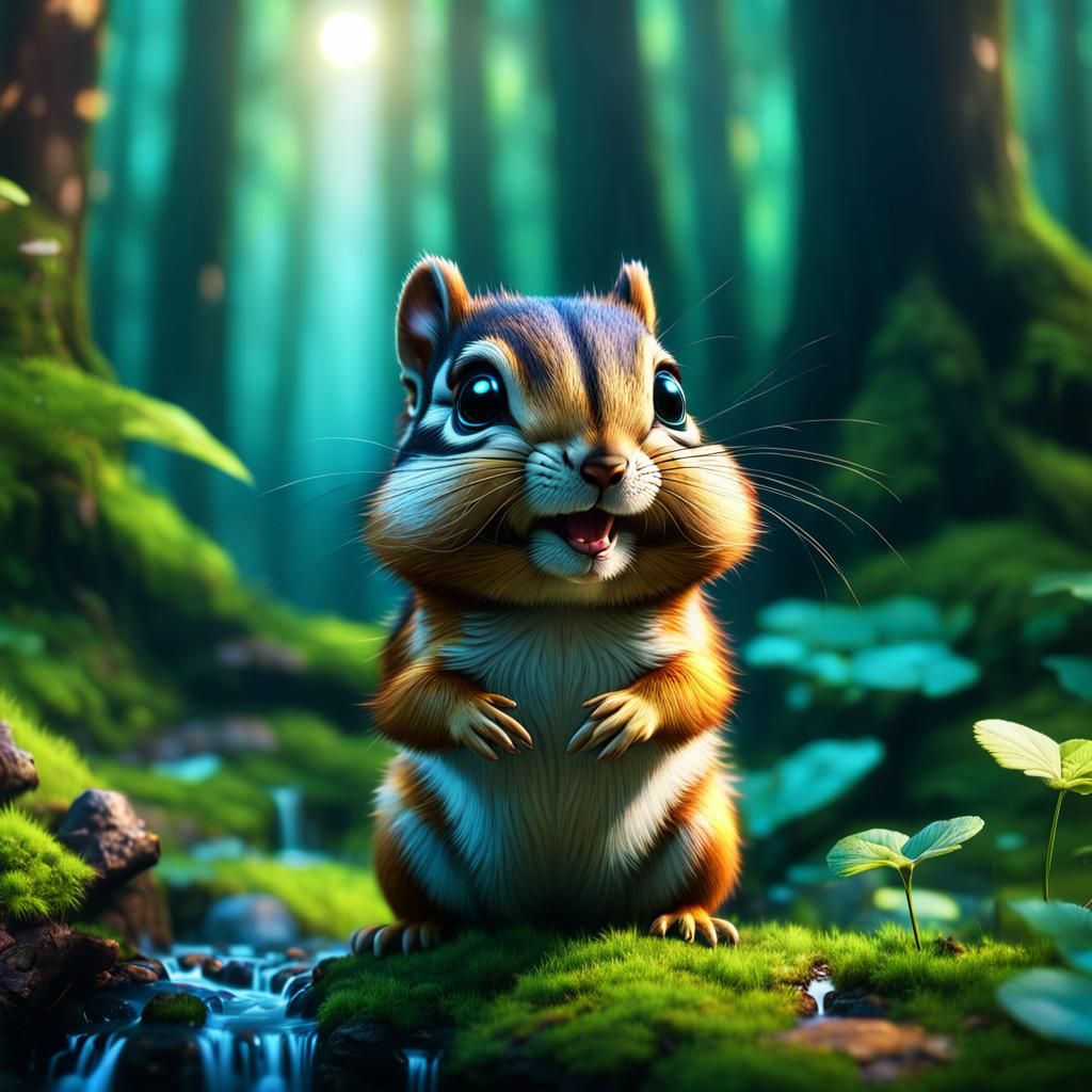 Chibi Chipmunk in Forest: Detailed Matte Painting