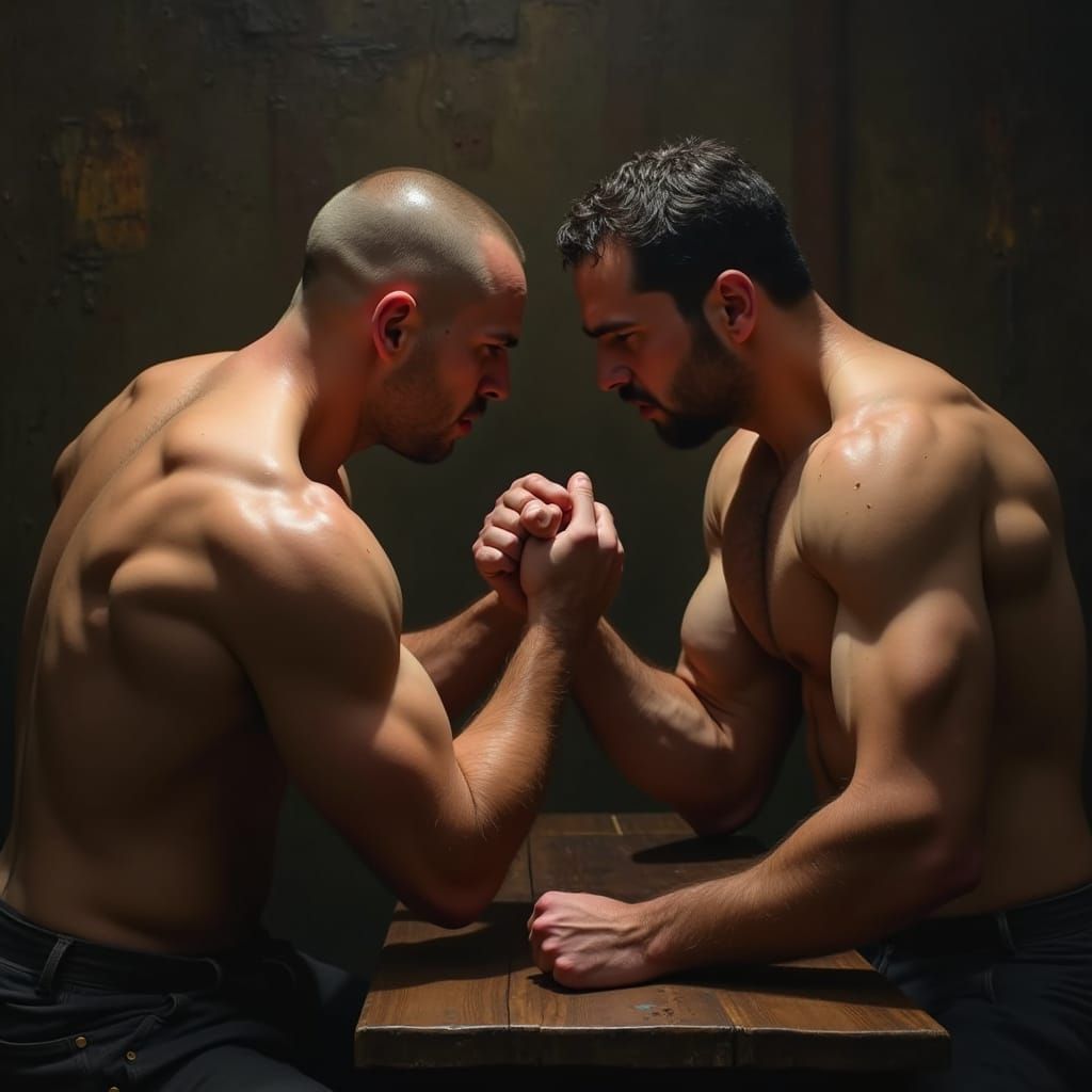 Intense Arm Wrestling Match in a Rustic Bar