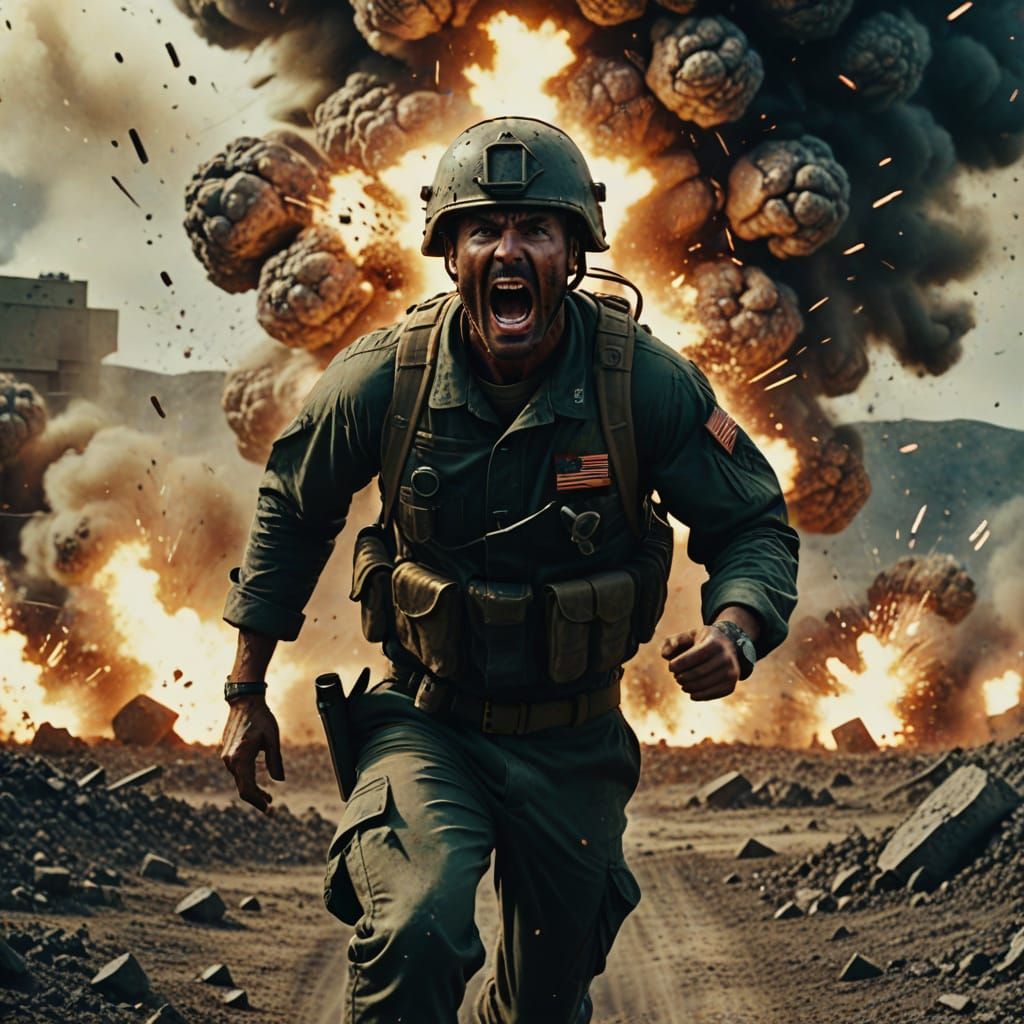 Hyperrealistic Soldier Runs Through Exploding Minefield