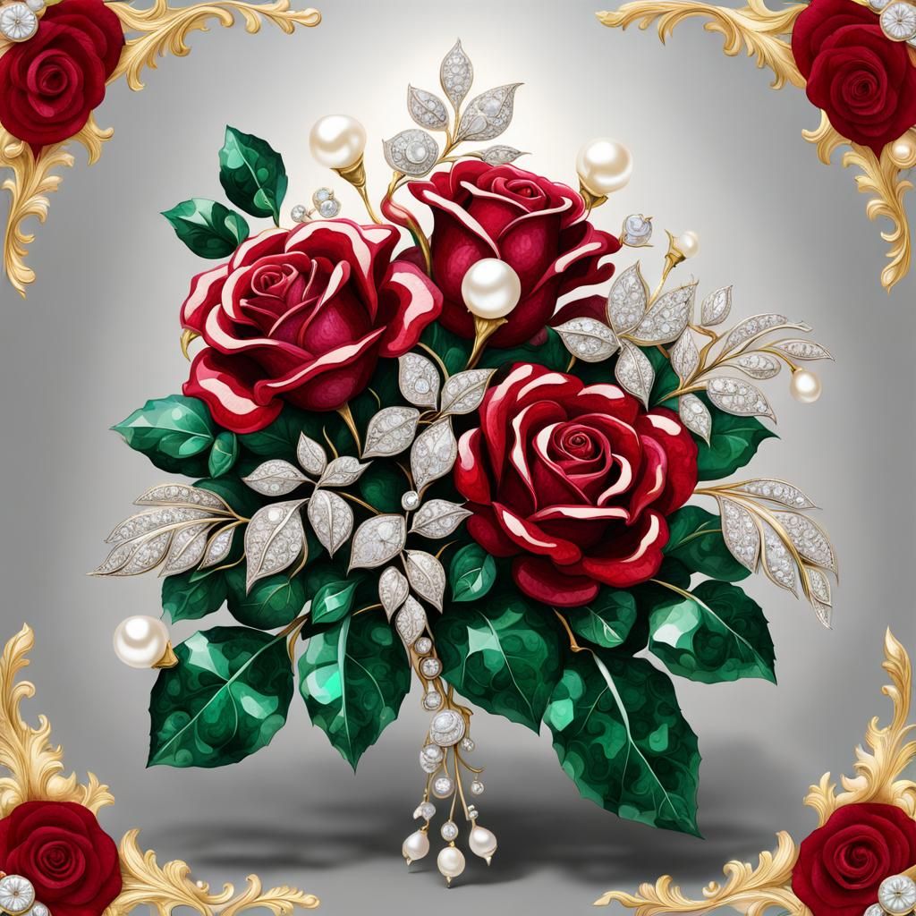 Baroque Ruby Rose Bouquet with Emerald Leaves