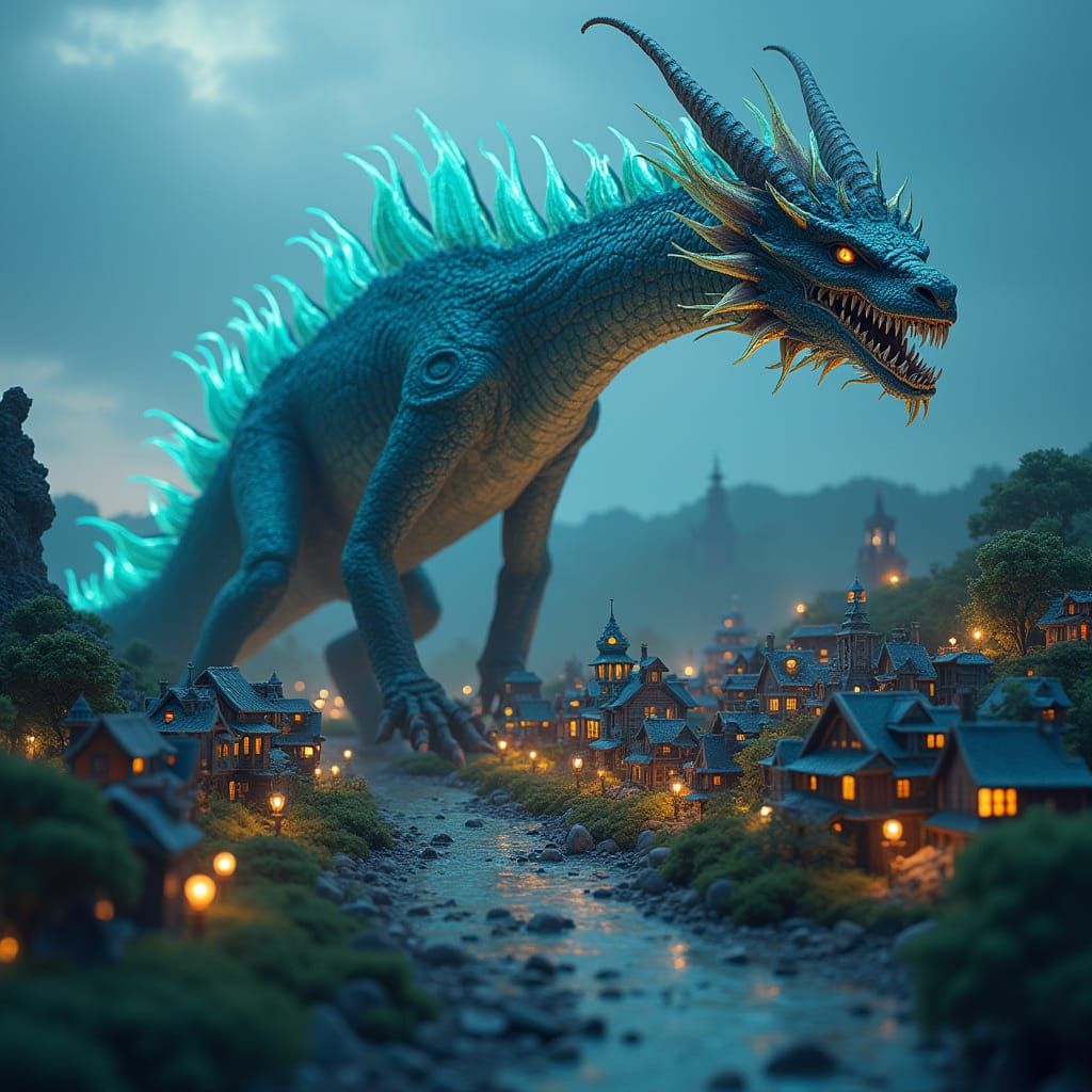 Bioluminescent Dragon Over Miniature Cityscape