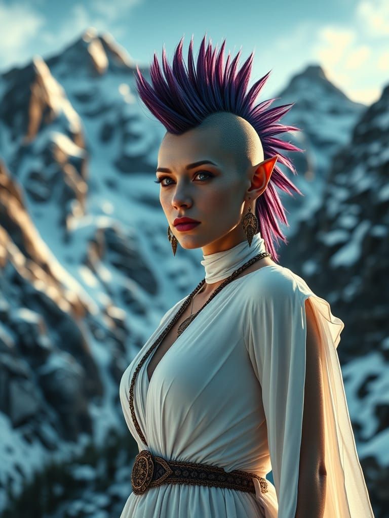 Orc Woman in White Gown with Mohawk, Snowy Mountain Backgrou...
