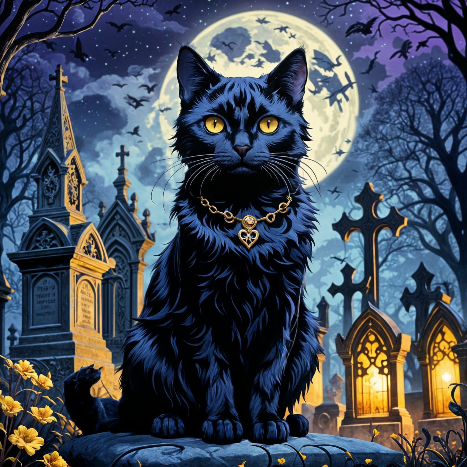 Art Nouveau Gothic Black Cat Cemetery Scene