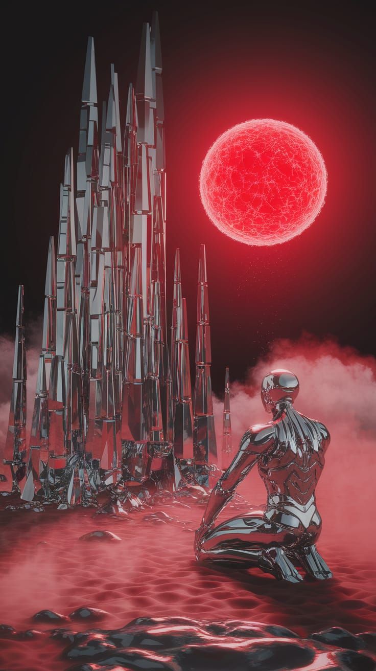 Cyberpunk Chrome Shrine Amidst a Burning Desert