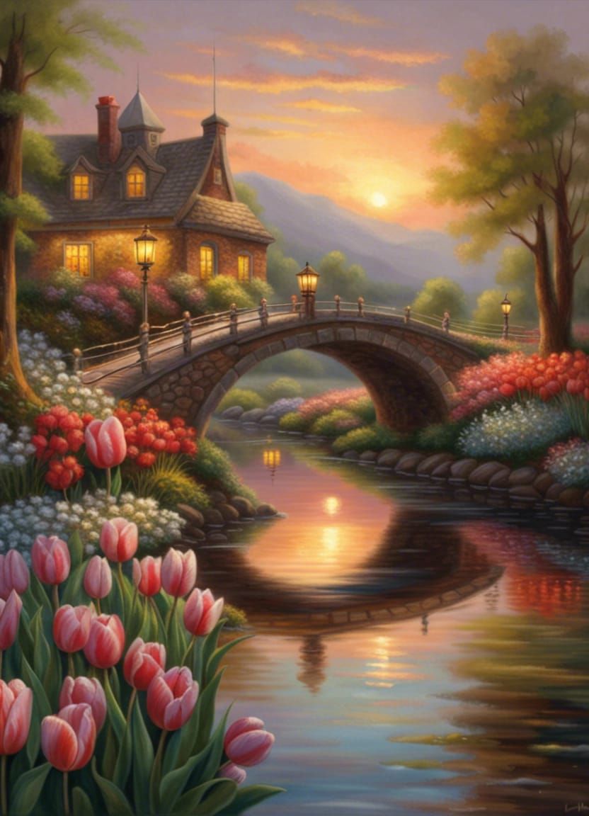 Bridge and Tulips: A Photorealistic Oil Painting